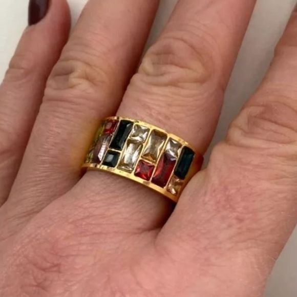 Gold solid titanium multi color Swarovski crystal boho ring sz 9  new - Picture 5 of 9